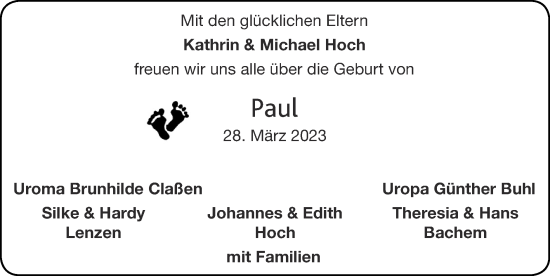 Glückwunschanzeige von Paul Hoch von Zeitung am Sonntag
