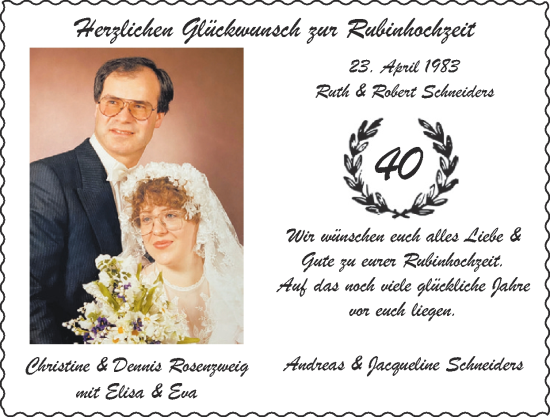 Glückwunschanzeige von Ruth und Robert Schneiders von Zeitung am Sonntag