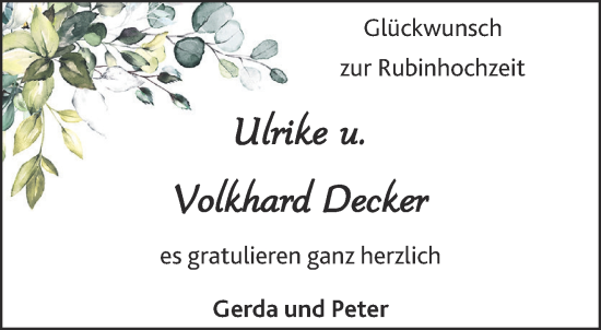 Glückwunschanzeige von Ulrike u. Volkhard Decker von Aachener Zeitung