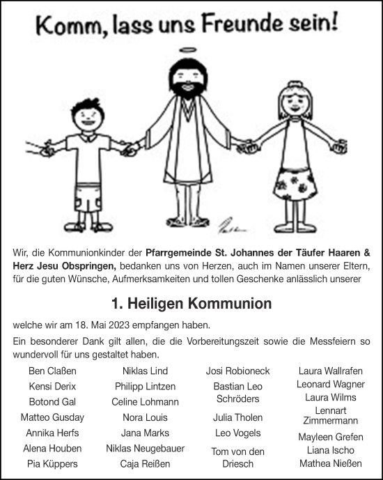 Glückwunschanzeige von 1. Heiligen Kommunion Pfarrgemeinde St. Johannes von Zeitung am Sonntag