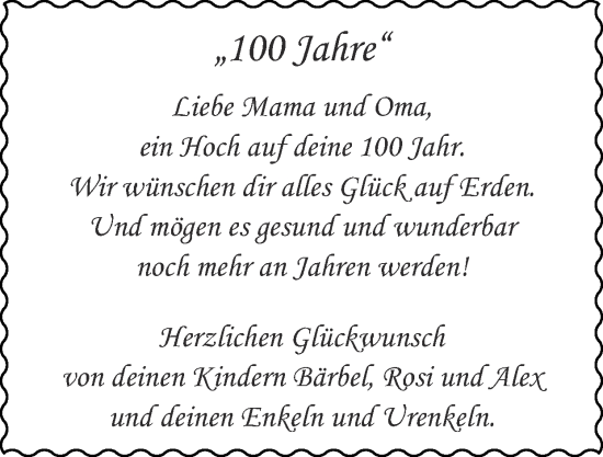 Glückwunschanzeige von 100 Jahre  von Zeitung am Sonntag