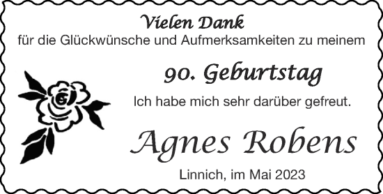 Glückwunschanzeige von Agnes Robens von Zeitung am Sonntag