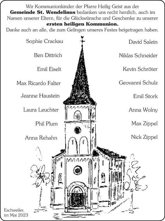 Glückwunschanzeige von ersten heiligen Kommunion  von Zeitung am Sonntag