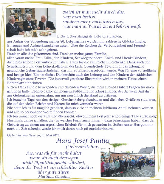 Glückwunschanzeige von Hans Josef Paulus von Zeitung am Sonntag