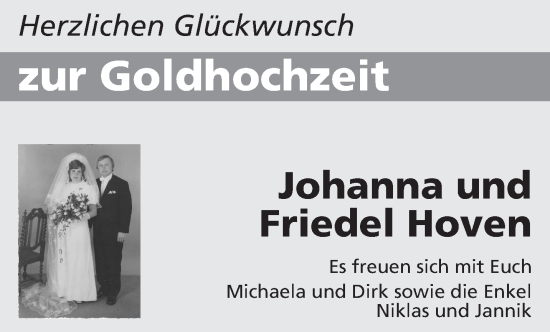 Glückwunschanzeige von Johanna und Friedel Hoven von Aachener Zeitung