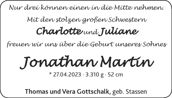 Glückwunschanzeige von Jonathan Martin Gottschalk von Zeitung am Sonntag