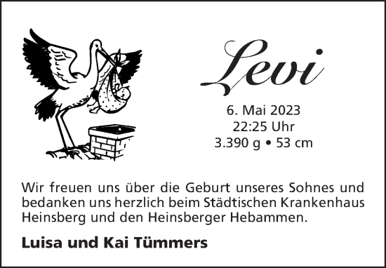 Glückwunschanzeige von Levi Tümmers von Zeitung am Sonntag
