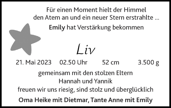 Glückwunschanzeige von Liv  von Zeitung am Sonntag