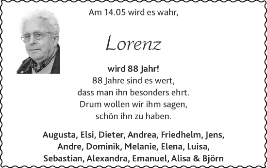 Glückwunschanzeige von Lorenz  von Zeitung am Sonntag