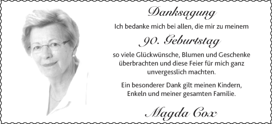 Glückwunschanzeige von Magda Cox von Zeitung am Sonntag