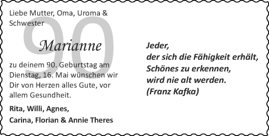 Glückwunschanzeige von Marianne  von Zeitung am Sonntag