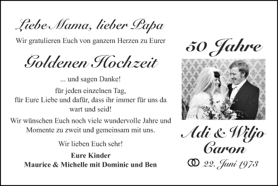 Glückwunschanzeige von Adi und Wiljo Caron von Zeitung am Sonntag