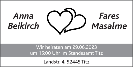 Glückwunschanzeige von Anna und Fares Beikirch, Masalme von Zeitung am Sonntag
