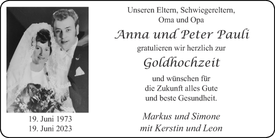 Glückwunschanzeige von Anna und Peter Pauli von Zeitung am Sonntag