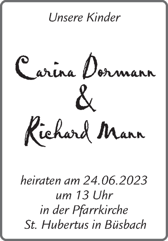 Glückwunschanzeige von Carina Dormann und Richard Mann  von Zeitung am Sonntag