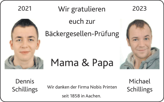 Glückwunschanzeige von Dennis und Michael Schillings von Zeitung am Sonntag