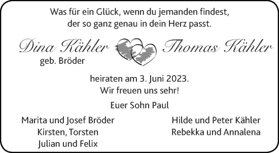 Glückwunschanzeige von Dina und Thomas Kähler von Aachener Zeitung