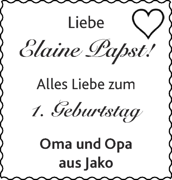 Glückwunschanzeige von Elaine Papst von Zeitung am Sonntag