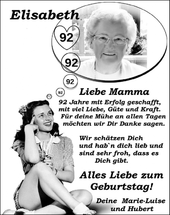 Glückwunschanzeige von Elisabeth  von Zeitung am Sonntag