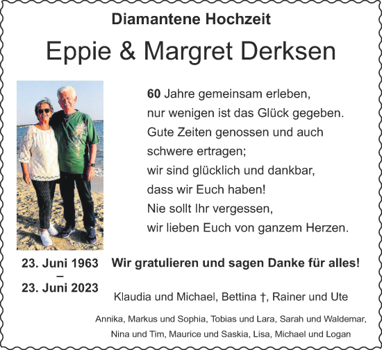 Glückwunschanzeige von Eppie und Margret Derksen von Zeitung am Sonntag