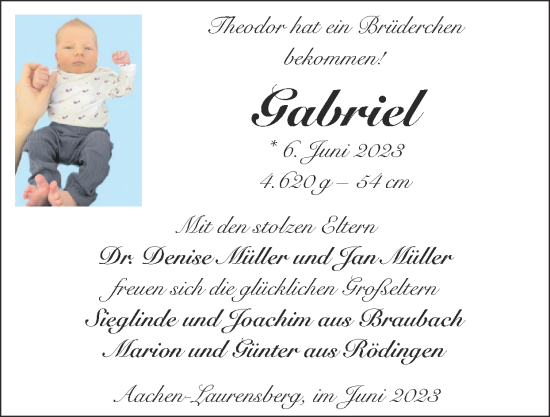 Glückwunschanzeige von Gabriel  von Zeitung am Sonntag