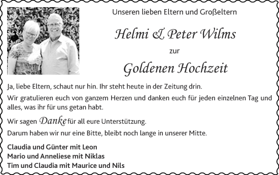 Glückwunschanzeige von Helmi und Peter Wilms von Zeitung am Sonntag