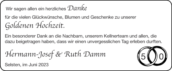 Glückwunschanzeige von Hermann-Josef und Ruth Damm von Zeitung am Sonntag