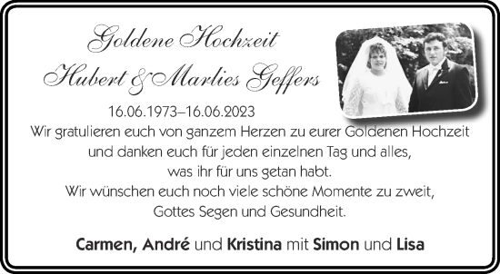 Glückwunschanzeige von Hubert und Marlies Geffers von Aachener Zeitung
