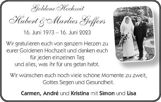 Glückwunschanzeige von Hubert und Marlies Geffers von Zeitung am Sonntag
