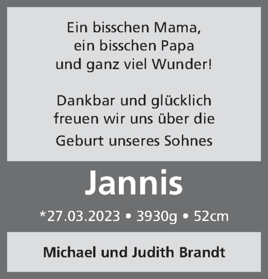 Glückwunschanzeige von Jannis Brandt von Zeitung am Sonntag