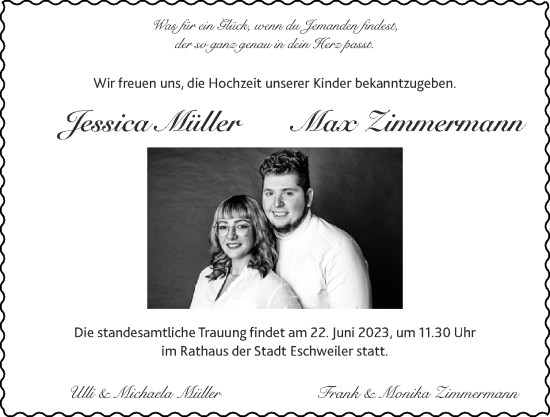 Glückwunschanzeige von Jessica Müller und Max Zimmermann  von Zeitung am Sonntag