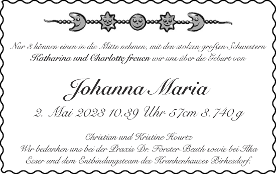 Glückwunschanzeige von Johanna Maria Hourtz von Zeitung am Sonntag