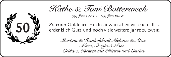Glückwunschanzeige von Käthe & Toni Botterweck von Zeitung am Sonntag
