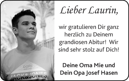 Glückwunschanzeige von Laurin  von Zeitung am Sonntag