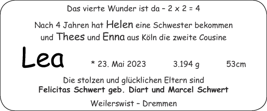Glückwunschanzeige von Lea Schwert von Zeitung am Sonntag