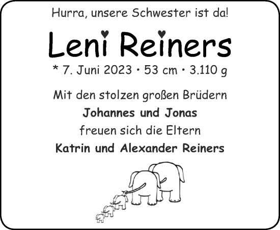 Glückwunschanzeige von Leni Reiners von Zeitung am Sonntag