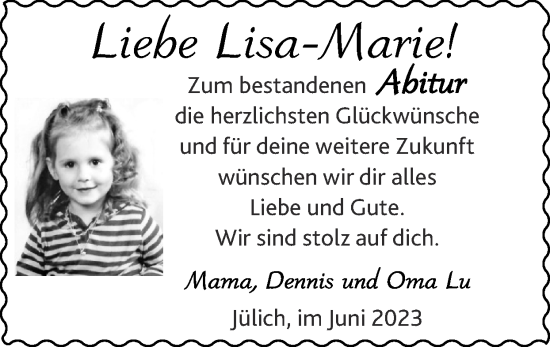 Glückwunschanzeige von Lisa-Marie  von Zeitung am Sonntag