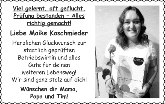 Glückwunschanzeige von Maike Koschmieder von Zeitung am Sonntag