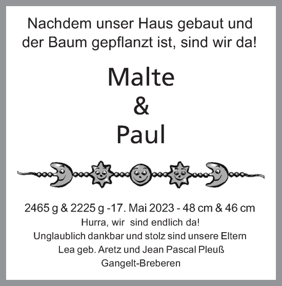 Glückwunschanzeige von Malte und Paul  von Zeitung am Sonntag