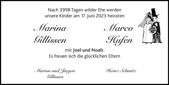 Glückwunschanzeige von Marina und Marco Gillissen und Hufen von Zeitung am Sonntag