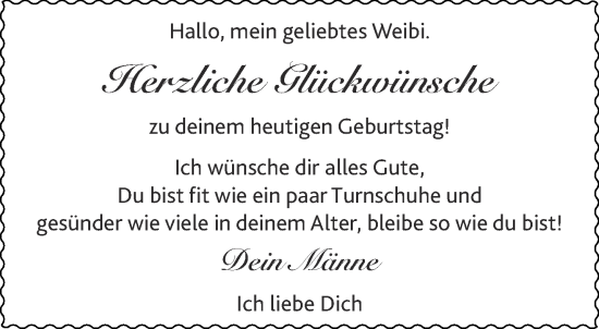 Glückwunschanzeige von mein geliebtes Weibi  von Aachener Zeitung