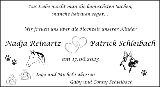 Glückwunschanzeige von Nadja und Patrick Reinartz und Schleibach von Zeitung am Sonntag