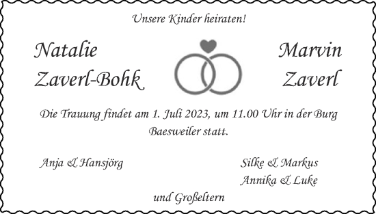 Glückwunschanzeige von Natalie und Marvin Zaverl-Bohk, Zaverl von Zeitung am Sonntag