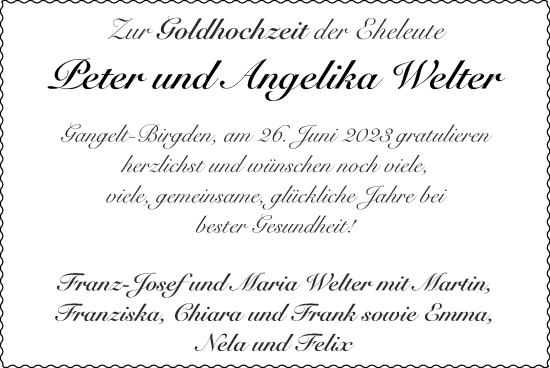 Glückwunschanzeige von Peter und Angelika Welter von Zeitung am Sonntag