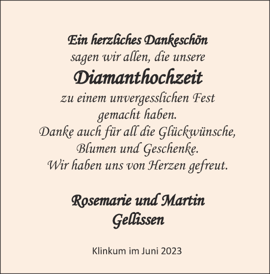 Glückwunschanzeige von Rosemarie und Martin Gellissen von Zeitung am Sonntag