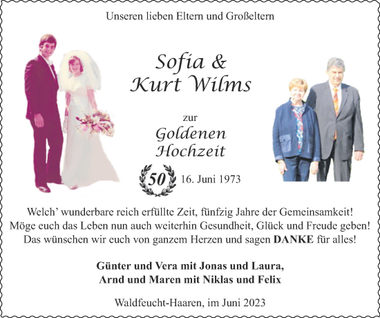 Glückwunschanzeige von Sofia und Kurt Wilms von Zeitung am Sonntag