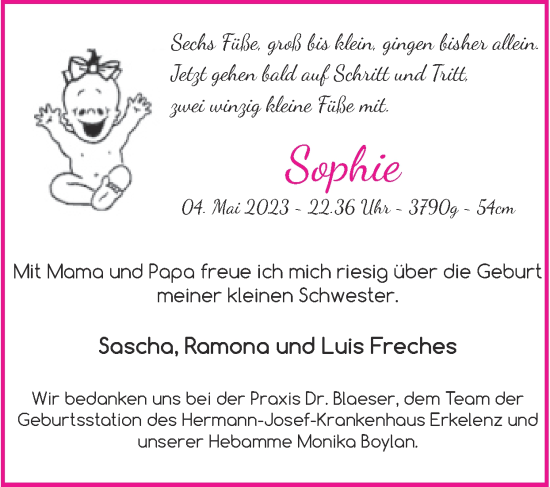 Glückwunschanzeige von Sophie Freches von Zeitung am Sonntag