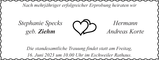 Glückwunschanzeige von Stephanie und Hermann Andreas Specks und Korte von Zeitung am Sonntag