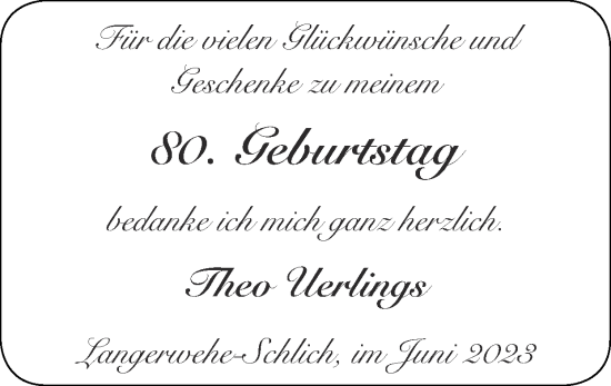 Glückwunschanzeige von Theo Uerlings von Zeitung am Sonntag