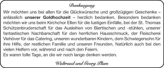 Glückwunschanzeige von Waltraud und Georg Plum von Zeitung am Sonntag